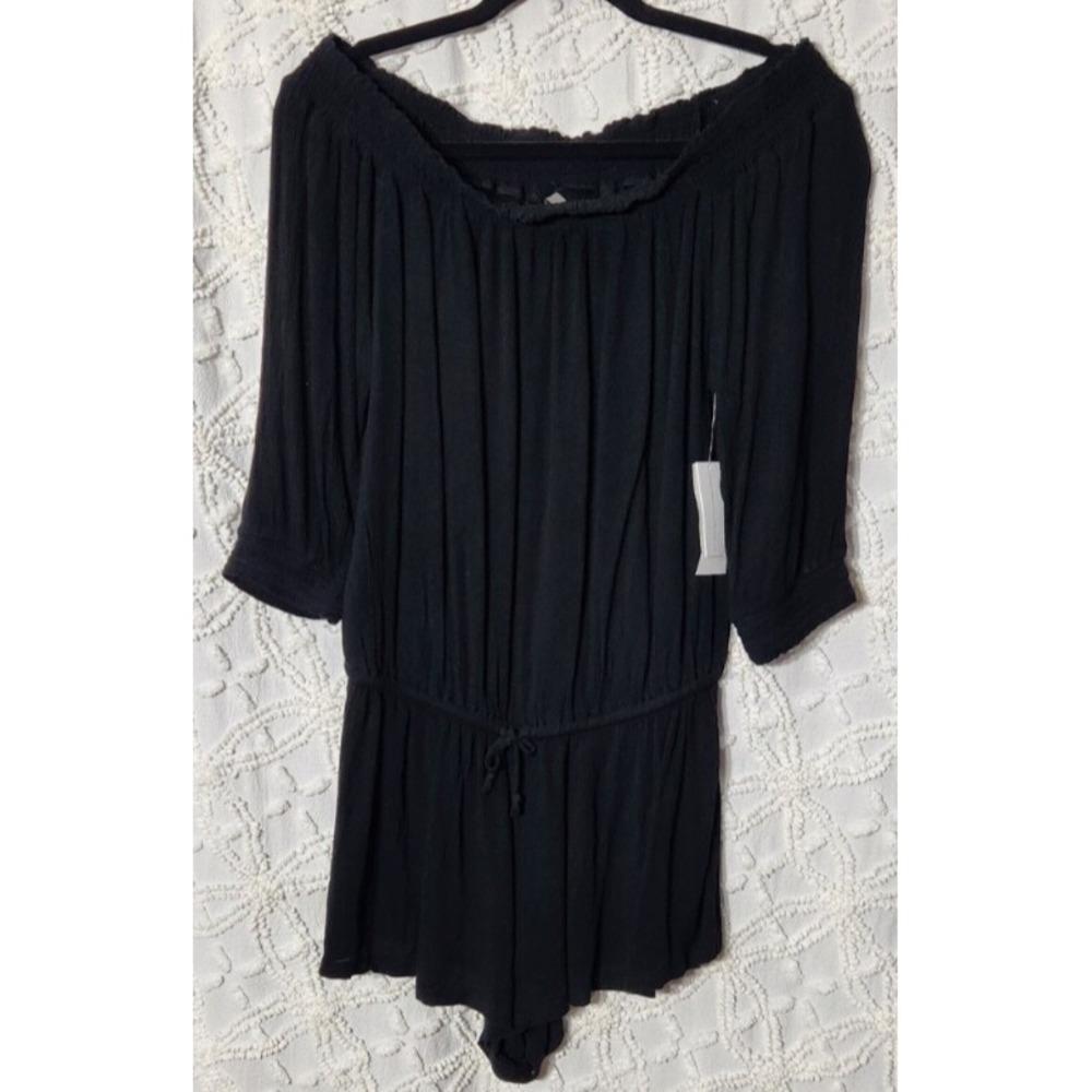 Raisins Womens Swim Romper Size Large Black‎ Crinkle Texture Off Shoulder Light